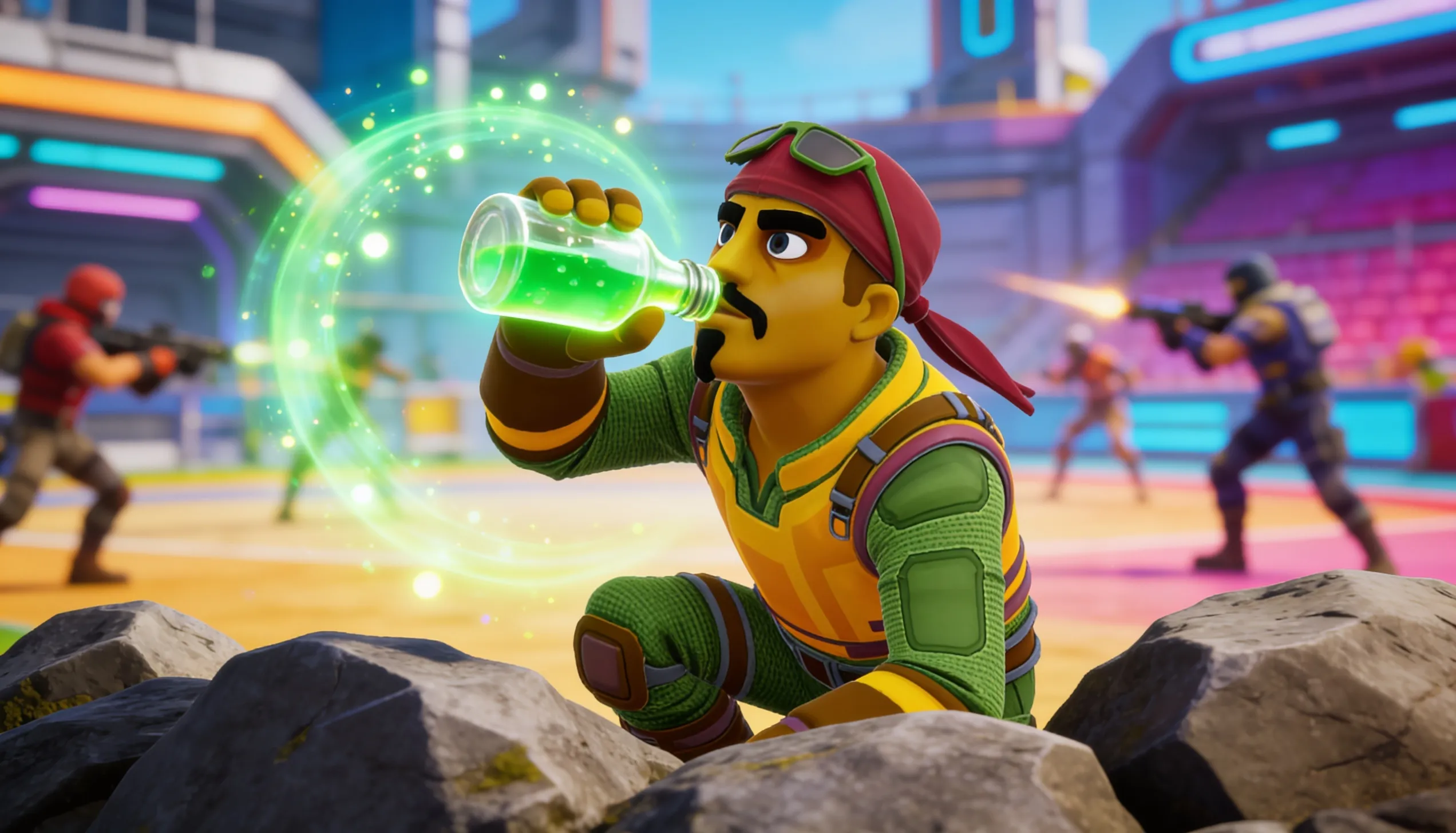 Zooyale × Grapnel — drinking a glowing green Health Kit potion behind cover while a firefight rages in the background.