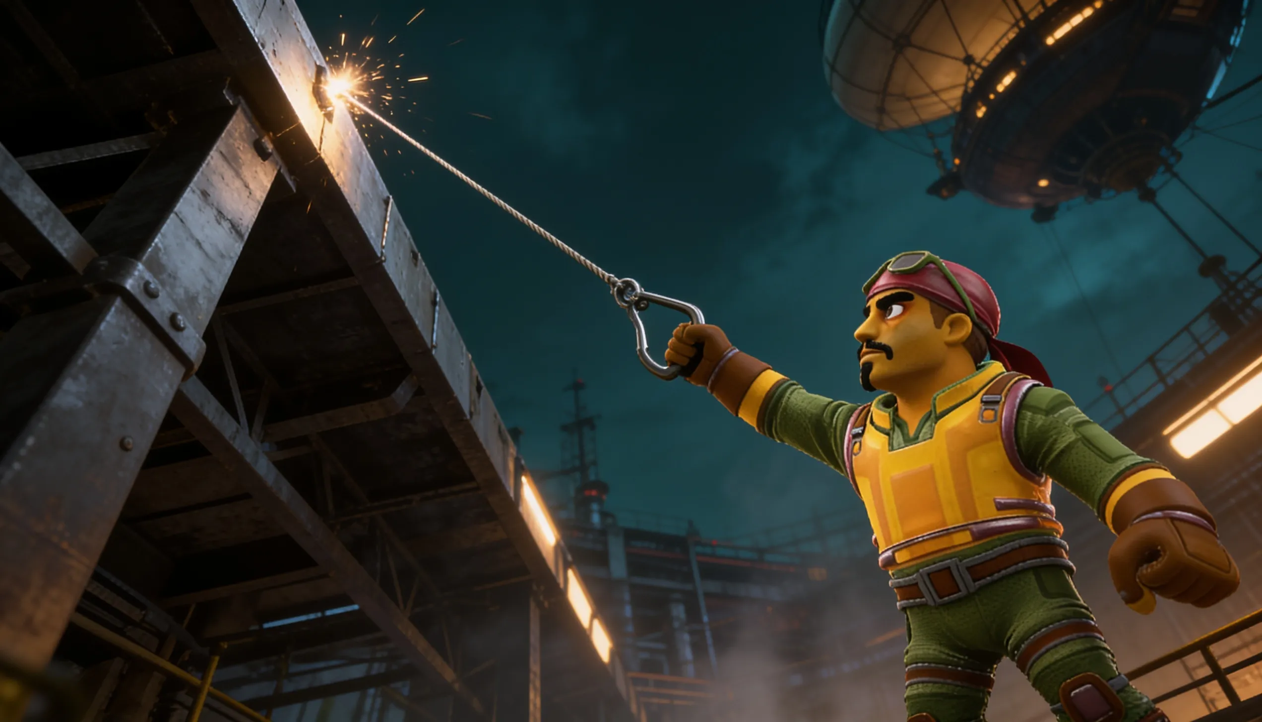 Grapnel firing his Hook Gun at a high ledge, the line trailing sparks