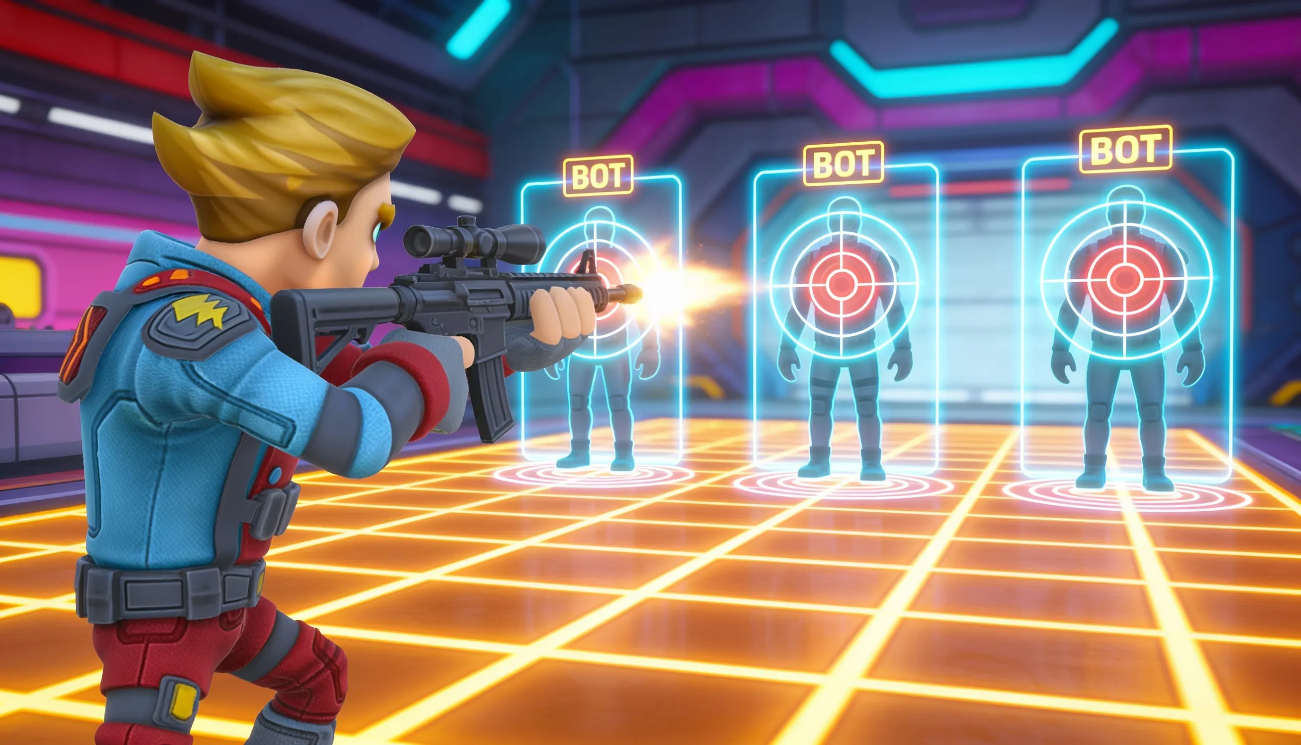 Zooyale × Vynk — aiming down sights at holographic training bots marked BOT in a neon-lit practice arena.