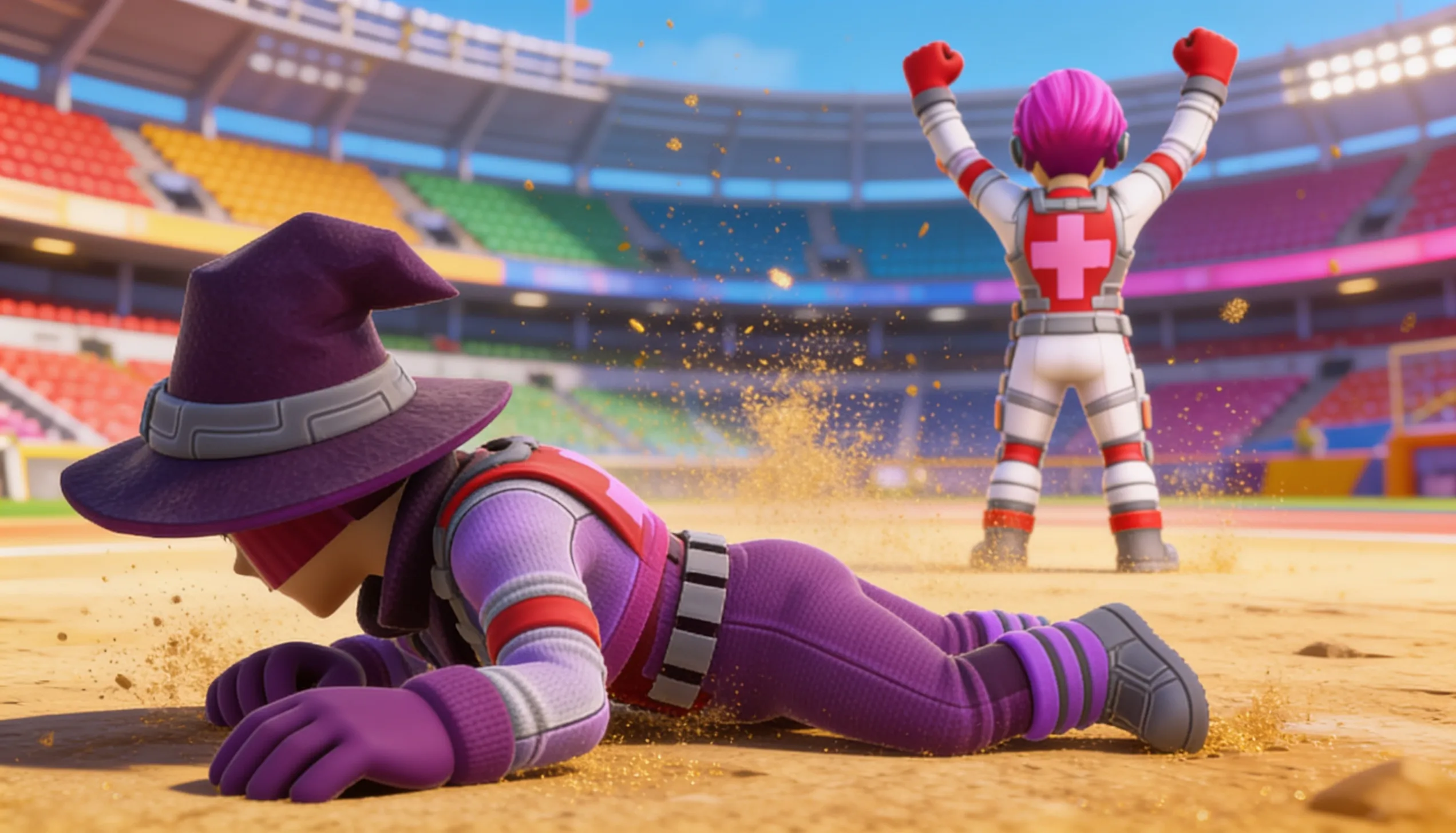 Zooyale × Hexa and Aegis — Hexa kneels defeated in the foreground while Aegis celebrates victory in a stadium arena.