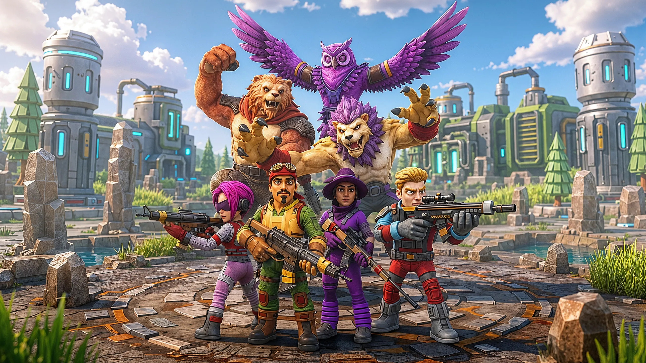 Zooyale key art — the four champions stand ready with weapons drawn on a cracked arena platform, the Ursa, Noctur and Veldt mutant forms towering behind them at a tech outpost.
